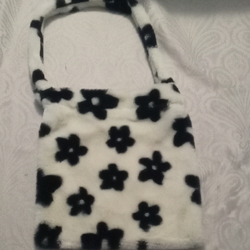 Floral Black and White Fuzzy Bag
